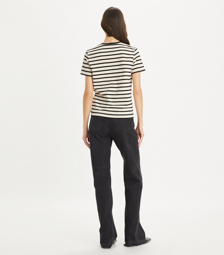 Tory Burch designer トップス ストライプ プリントTシャツ in Light Ivory / Black on model back