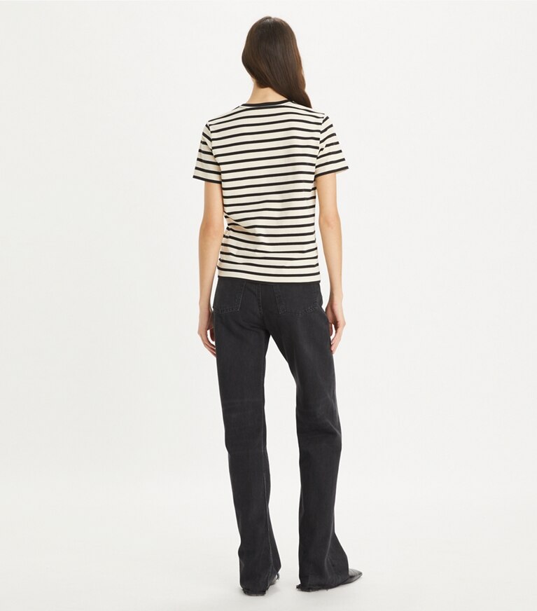 Tory Burch designer トップス ストライプ プリントTシャツ in Light Ivory / Black front