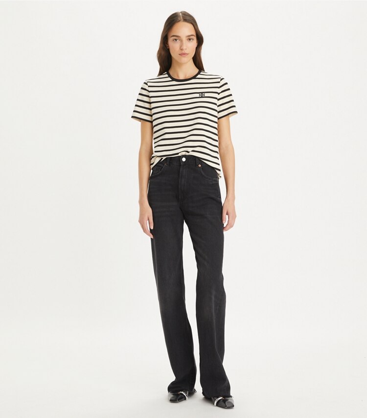 Tory Burch designer トップス ストライプ プリントTシャツ in Light Ivory / Black モデル前面