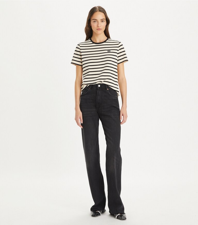 Tory Burch designer トップス ストライプ プリントTシャツ in Light Ivory / Black front