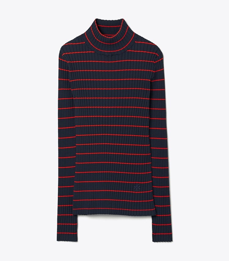Tory Sport designer sweaters Striped Ribbed Soft Tech Knit Turtleneck in Tory Navy Open Stripe front