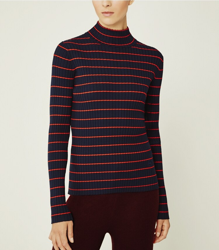 Tory Sport designer sweaters Striped Ribbed Soft Tech Knit Turtleneck in Tory Navy Open Stripe on model detail