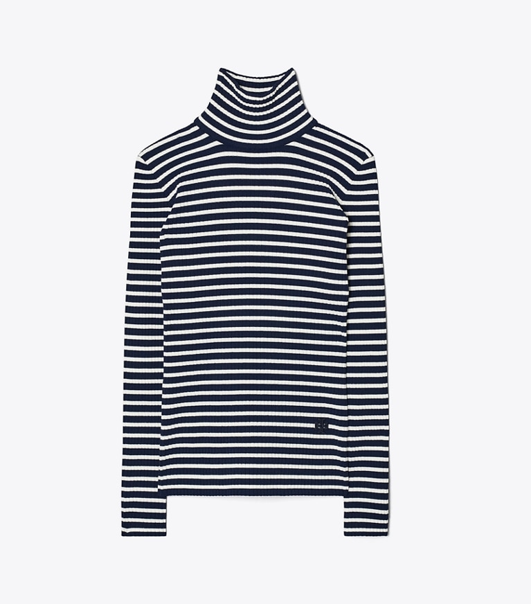 Striped Ribbed Tech Knit Turtleneck: Women's Designer