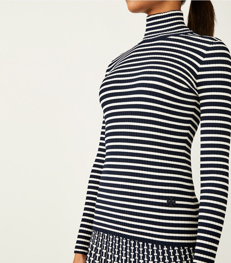 Tory Sport designer sweaters Striped Ribbed Tech Knit Turtleneck in Tory Navy / Ivory Pearl on model detail