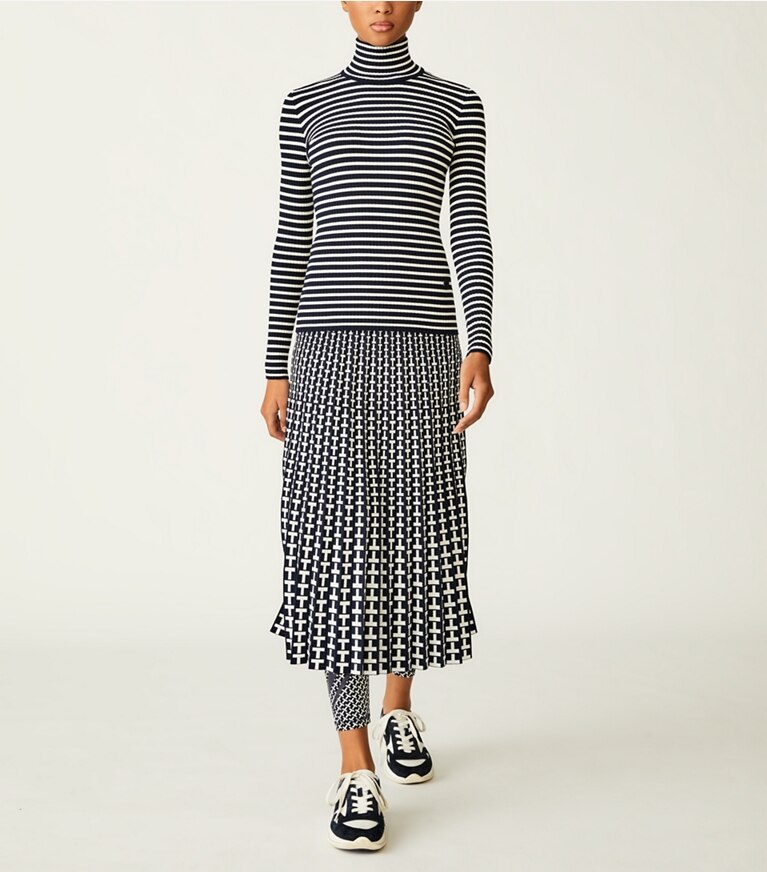Tory Sport designer sweaters Striped Ribbed Tech Knit Turtleneck in Tory Navy / Ivory Pearl front