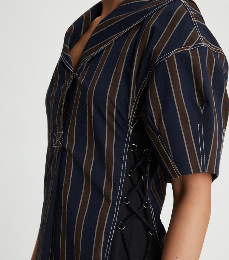 Tory Burch designer dresses Striped Sailor Dress in Navy / Burgundy front