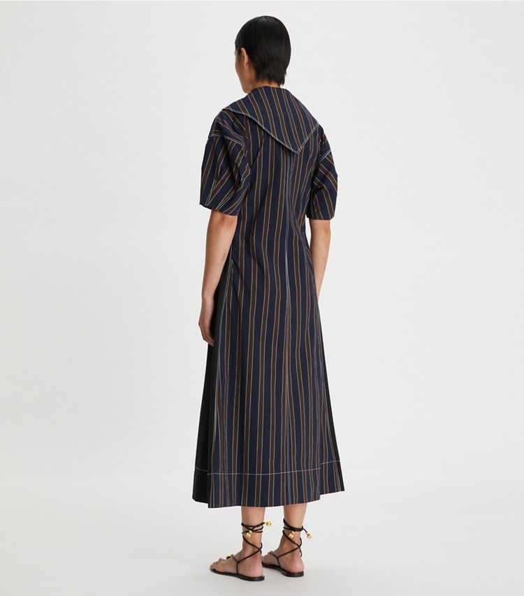 Tory Burch designer dresses Striped Sailor Dress in Navy / Burgundy on model back