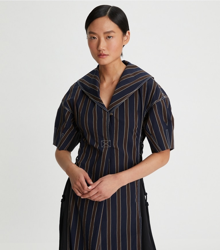 Tory Burch designer dresses Striped Sailor Dress in Navy / Burgundy front