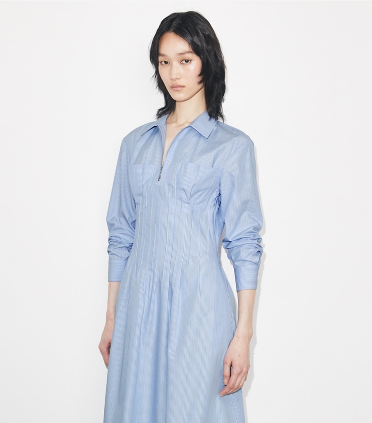 Tory Burch designer dresses Striped Shirtdress in Blue Stripe on model detail
