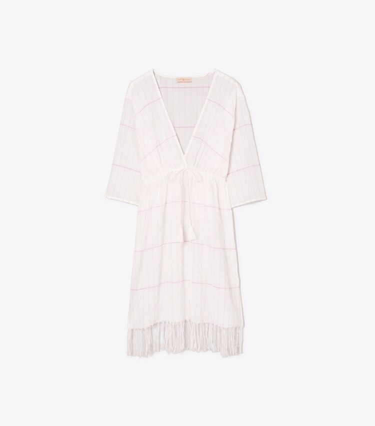 Tory Burch designer coverups Striped Short Caftan in PINK WINDOWPANE STRIPE front