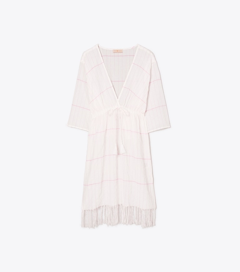 Tory Burch designer coverups Striped Short Caftan in PINK WINDOWPANE STRIPE front