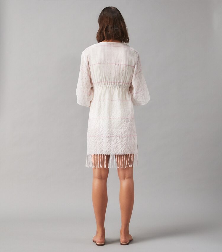 Tory Burch designer coverups Striped Short Caftan in PINK WINDOWPANE STRIPE on model back
