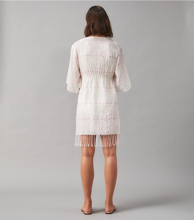 Tory Burch designer coverups Striped Short Caftan in PINK WINDOWPANE STRIPE front