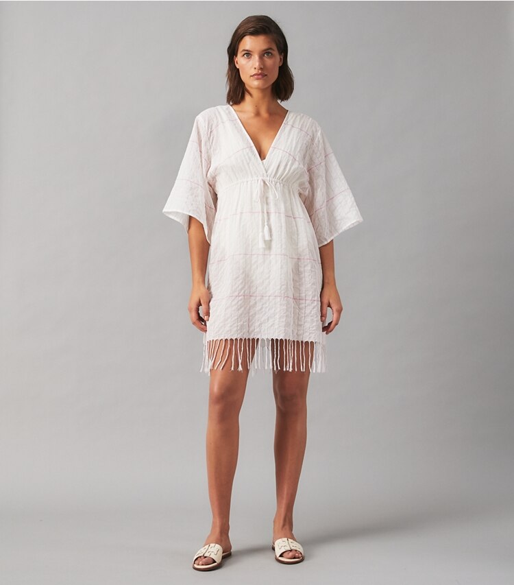Tory Burch designer coverups Striped Short Caftan in PINK WINDOWPANE STRIPE on model front