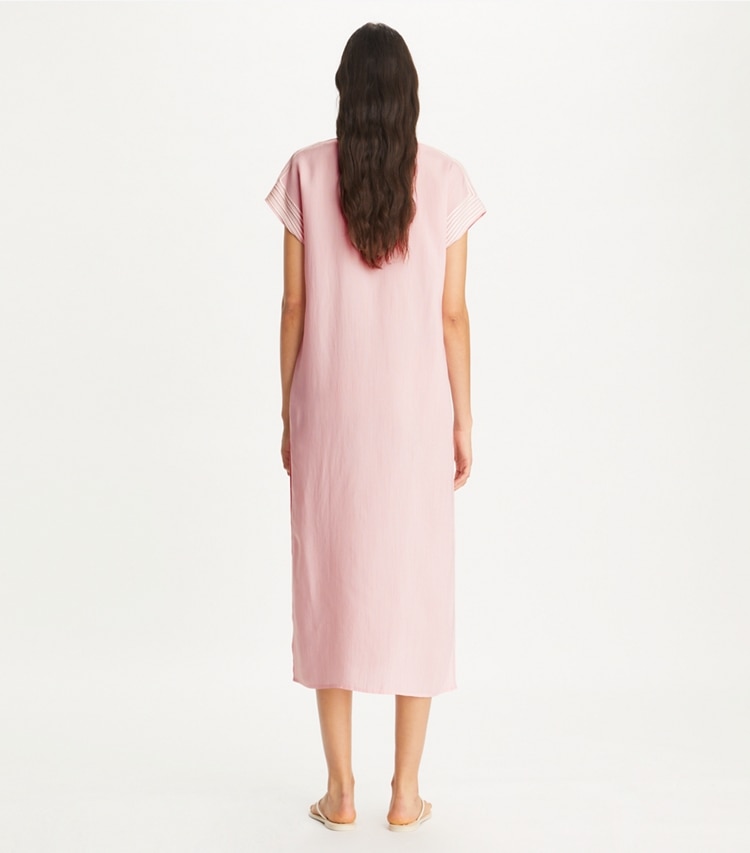 Tory Burch designer coverups Striped Silk Caftan in Stone Pink Stripe on model back