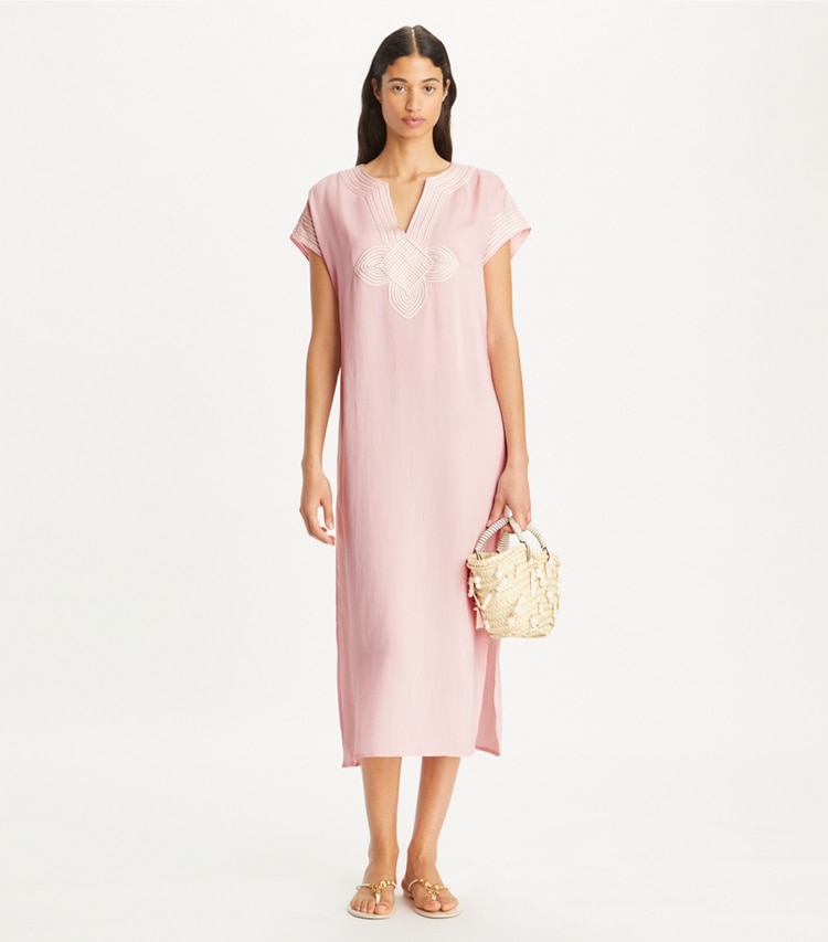 Tory Burch designer coverups Striped Silk Caftan in Stone Pink Stripe on model front