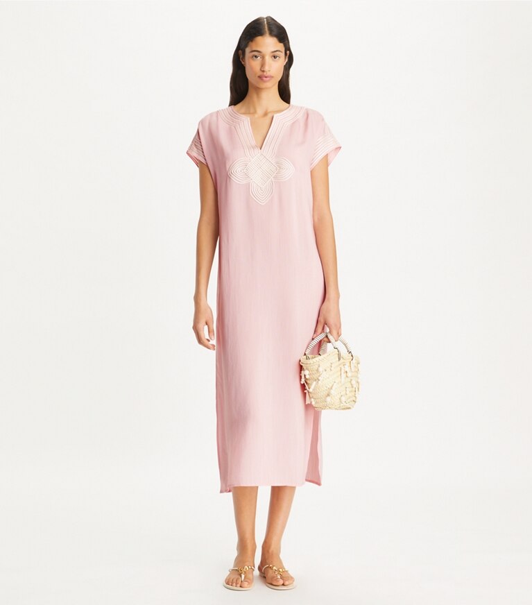 Tory Burch designer coverups Striped Silk Caftan in Stone Pink Stripe front