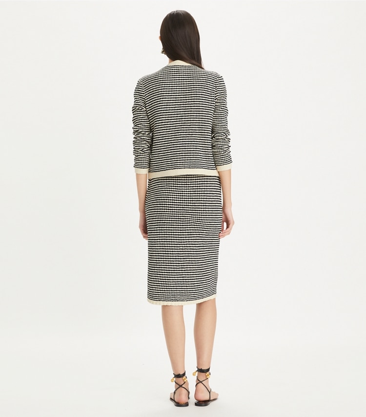 Tory Burch designer bottoms Striped Stitch Cotton Midi Skirt in Medium Navy / French Cream on model back