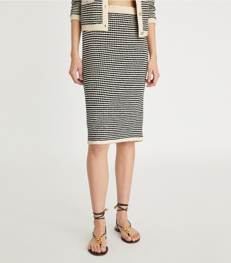 Tory Burch designer bottoms Striped Stitch Cotton Midi Skirt in Medium Navy / French Cream front