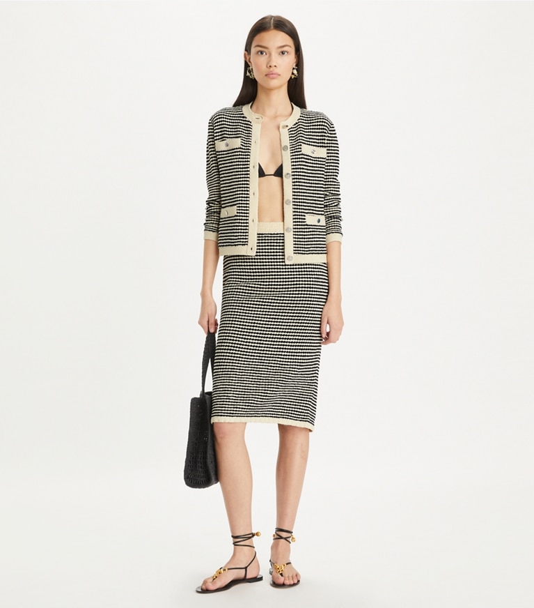 Tory Burch designer bottoms Striped Stitch Cotton Midi Skirt in Medium Navy / French Cream front