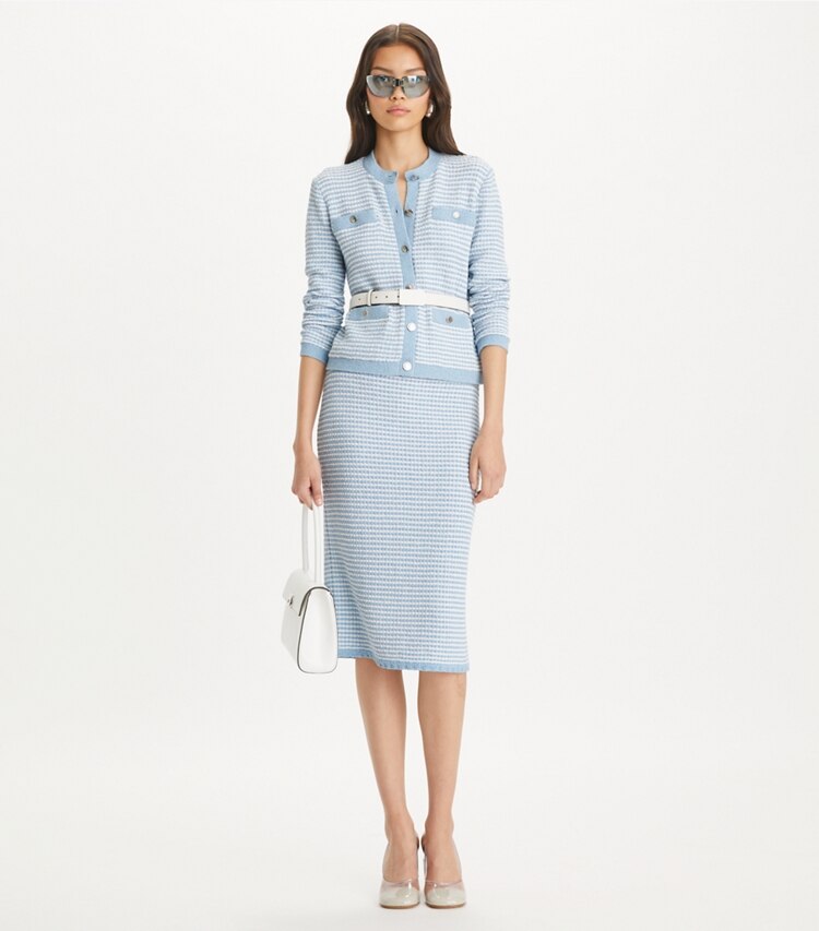 Tory Burch designer ボトムス ストライプステッチ コットン ミディスカート in White / Glass Blue モデル前面