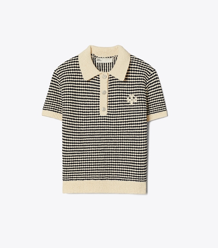 Tory Burch designer tops Striped Stitch Cotton Polo in Medium Navy / French Cream front