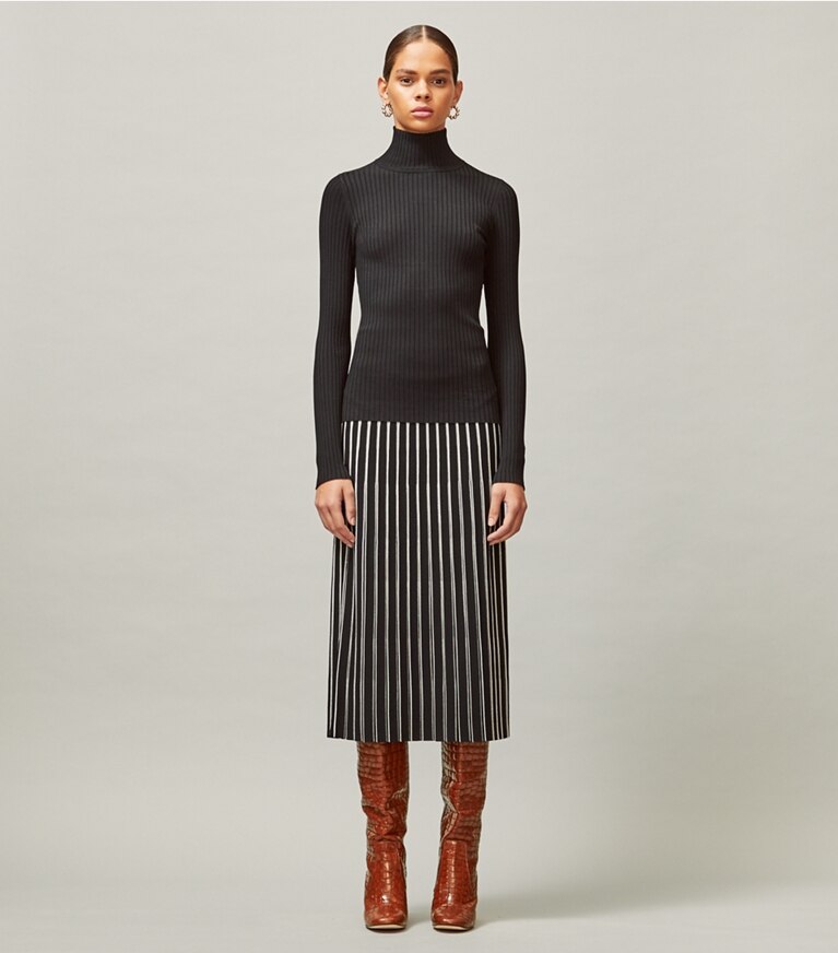 Tory Burch designer bottoms Striped Sweater Skirt in Black front
