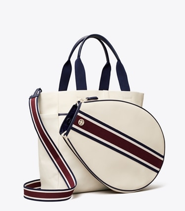 Tory Sport designer tote bags Striped Tennis Tote in Ivory Pearl / Winetasting angle