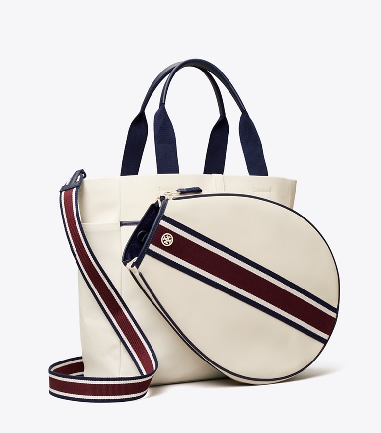Tory Sport designer tote bags Striped Tennis Tote in Ivory Pearl / Winetasting angle