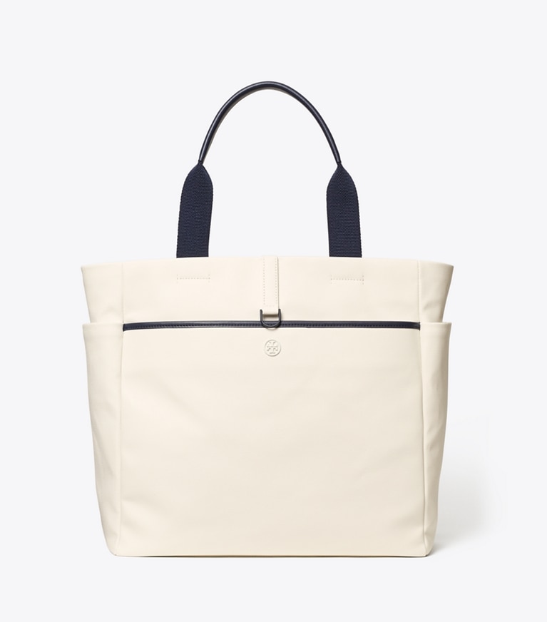 Tory Sport designer tote bags Striped Tennis Tote in Ivory Pearl / Winetasting angle