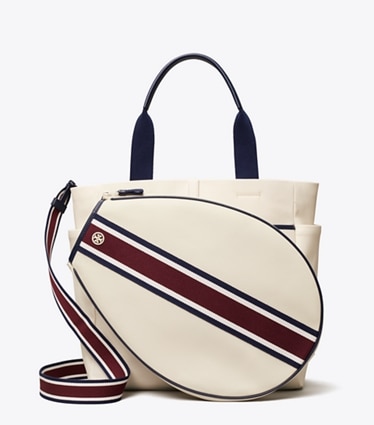 Tory Sport designer tote bags Striped Tennis Tote in Ivory Pearl / Winetasting front