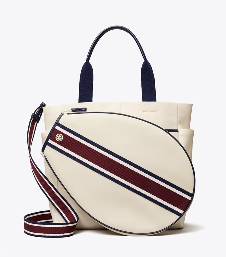 Tory Sport designer tote bags Striped Tennis Tote in Ivory Pearl / Winetasting angle