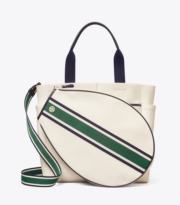 Tory Sport designer tote bags Striped Tennis Tote in Ivory Pearl / Evergreen angle
