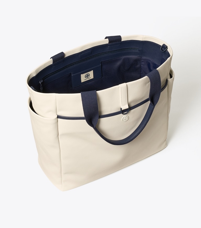 Tory Sport designer tote bags Striped Tennis Tote in Ivory Pearl / Winetasting angle