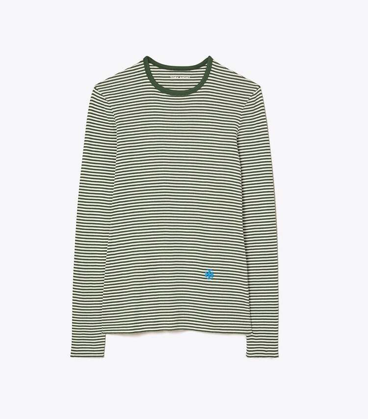 Tory Sport designer tops Striped Tissue-Weight Rib Long-Sleeve T-Shirt in Mineral Green Even Stripe front