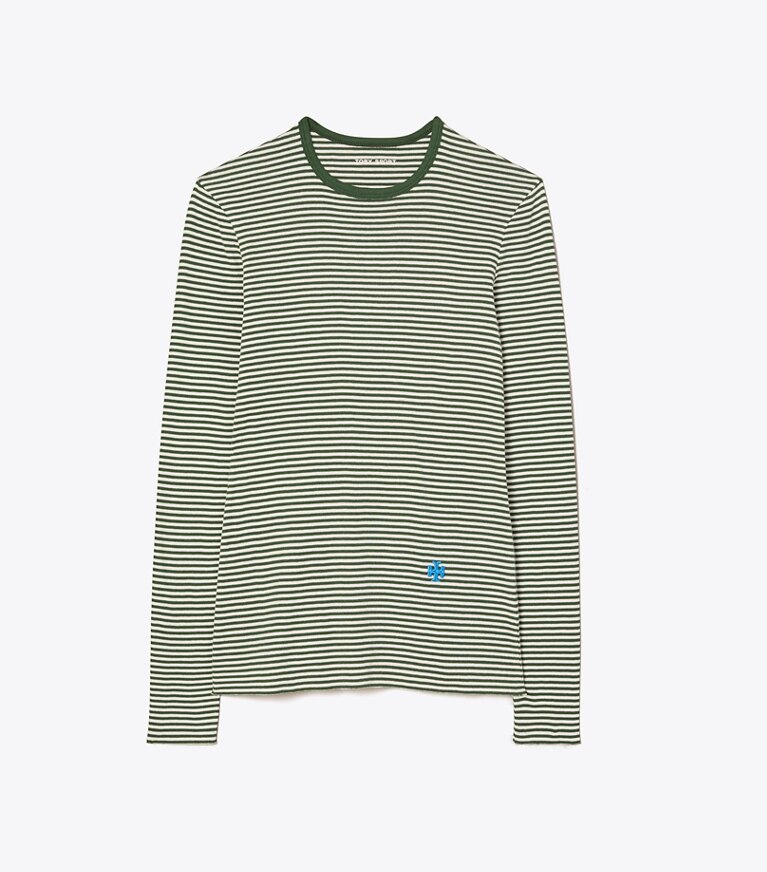 Tory Sport designer tops Striped Tissue-Weight Rib Long-Sleeve T-Shirt in Mineral Green Even Stripe front