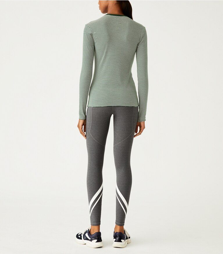 Tory Sport designer tops Striped Tissue-Weight Rib Long-Sleeve T-Shirt in Mineral Green Even Stripe on model back