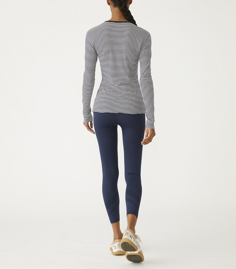 Tory Sport designer tops Striped Tissue-Weight Rib Long-Sleeve T-Shirt in Tory Navy Even Stripe front
