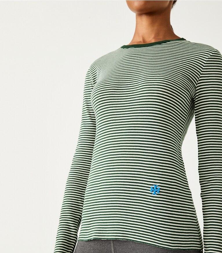 Tory Sport designer tops Striped Tissue-Weight Rib Long-Sleeve T-Shirt in Mineral Green Even Stripe on model detail
