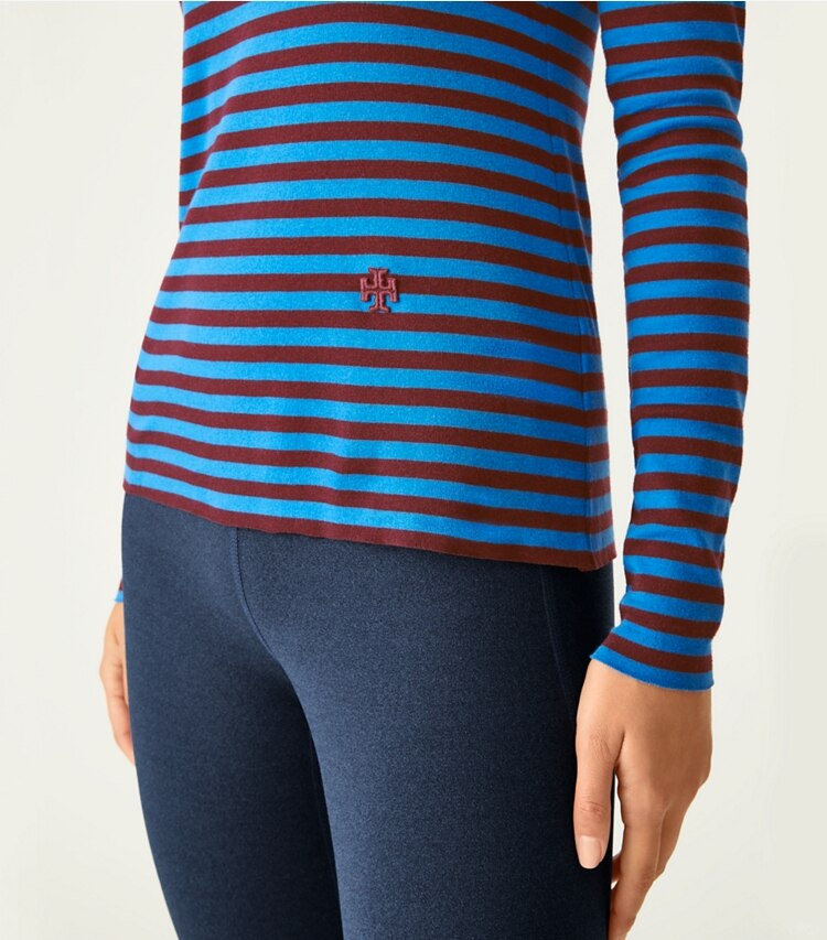 Tory Sport designer tops Striped Tissue-Weight Rib Long-Sleeve T-Shirt in Spectrum Blue Classic Stripe on model detail