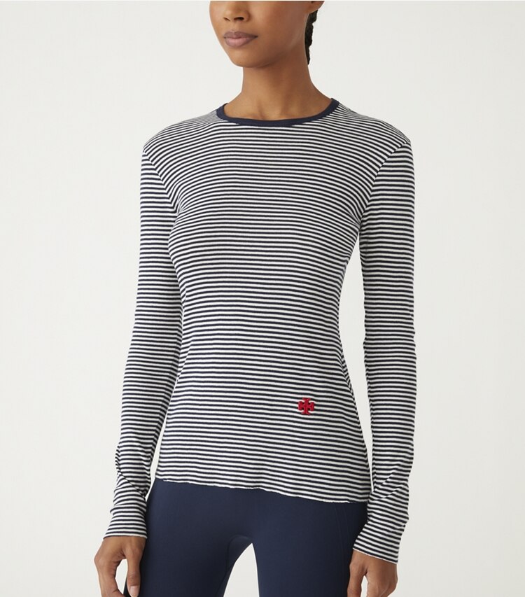 Tory Sport designer tops Striped Tissue-Weight Rib Long-Sleeve T-Shirt in Tory Navy Even Stripe on model detail