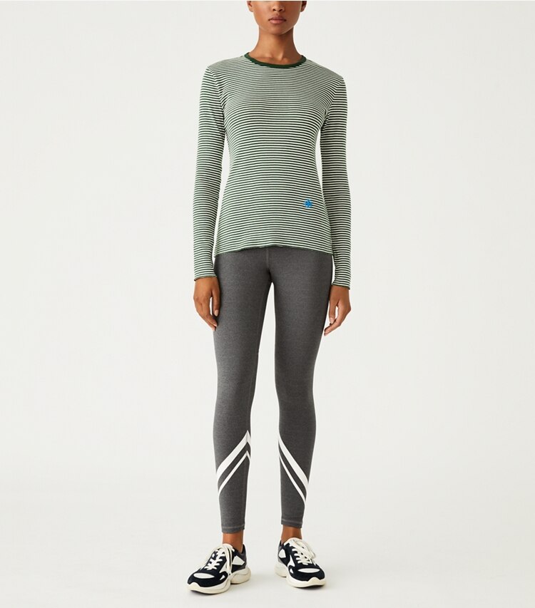 Tory Sport designer tops Striped Tissue-Weight Rib Long-Sleeve T-Shirt in Mineral Green Even Stripe on model front
