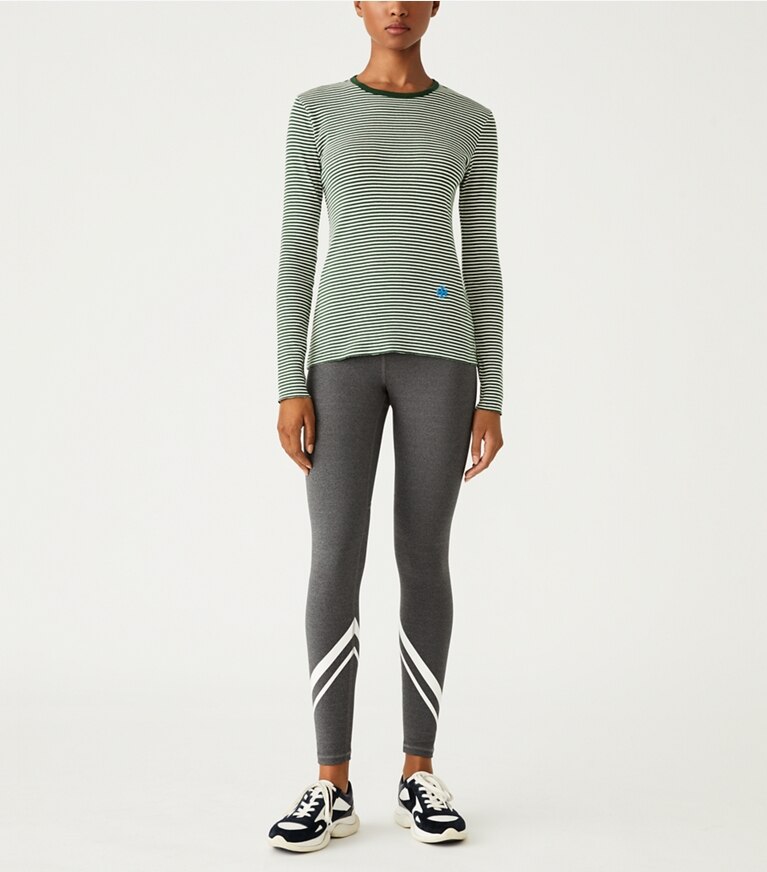 Tory Sport designer tops Striped Tissue-Weight Rib Long-Sleeve T-Shirt in Mineral Green Even Stripe on model front