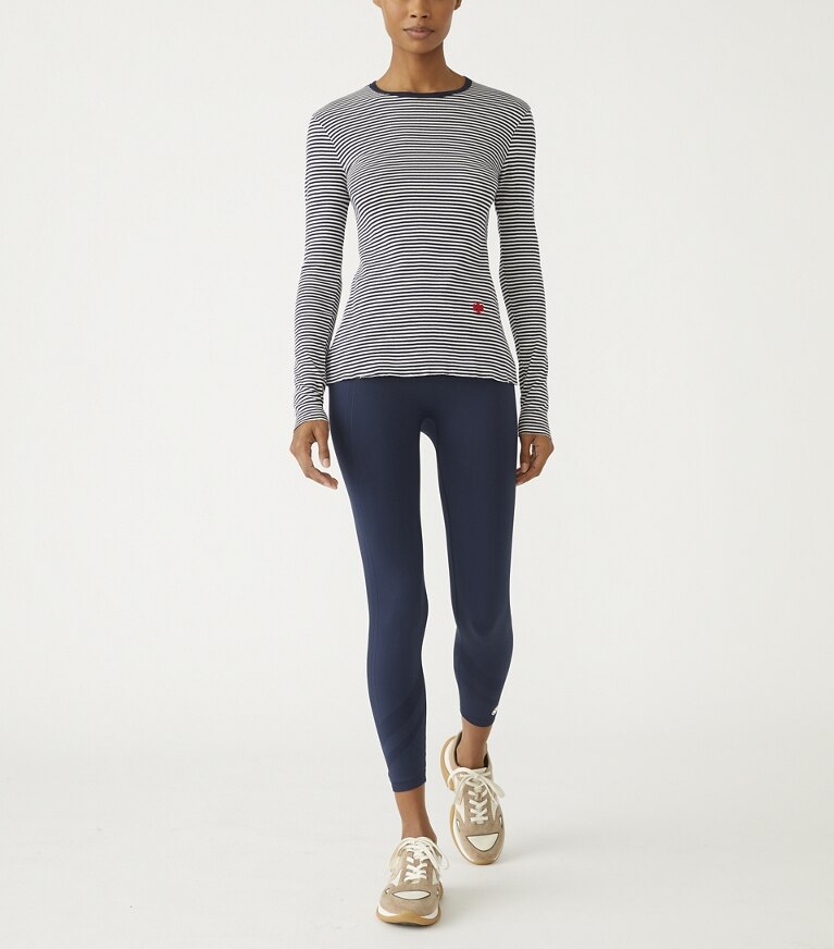 Tory Sport designer tops Striped Tissue-Weight Rib Long-Sleeve T-Shirt in Tory Navy Even Stripe front