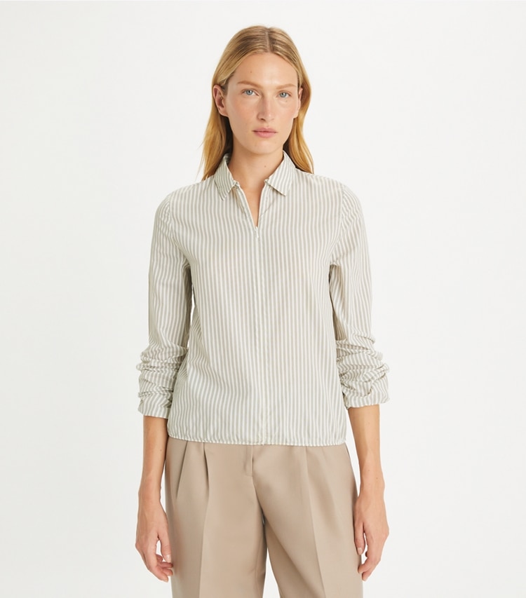 Tory Burch designer tops Striped Top in White Stripe on model detail