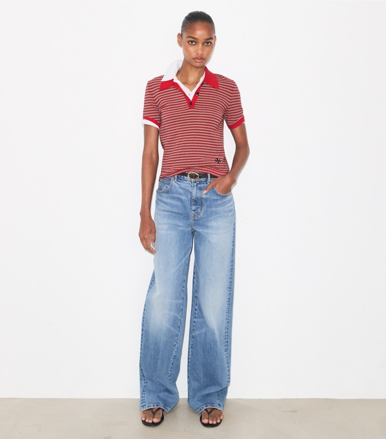 Tory Burch designer sweaters Striped Viscose Polo in Red / Navy / Ivory additional on model