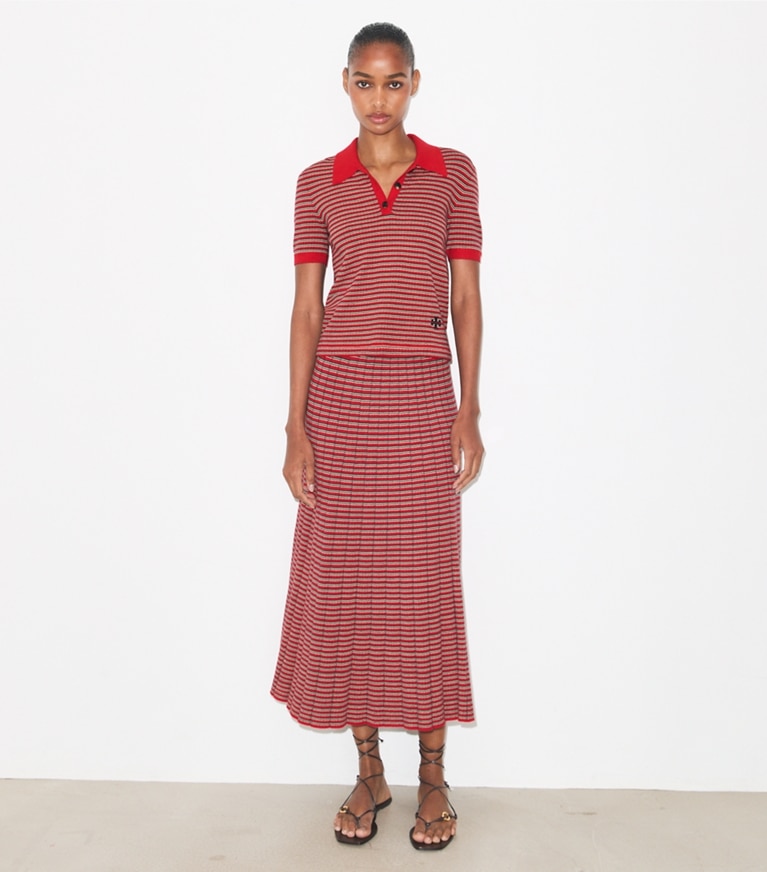 Tory Burch designer sweaters Striped Viscose Polo in Red / Navy / Ivory on model front