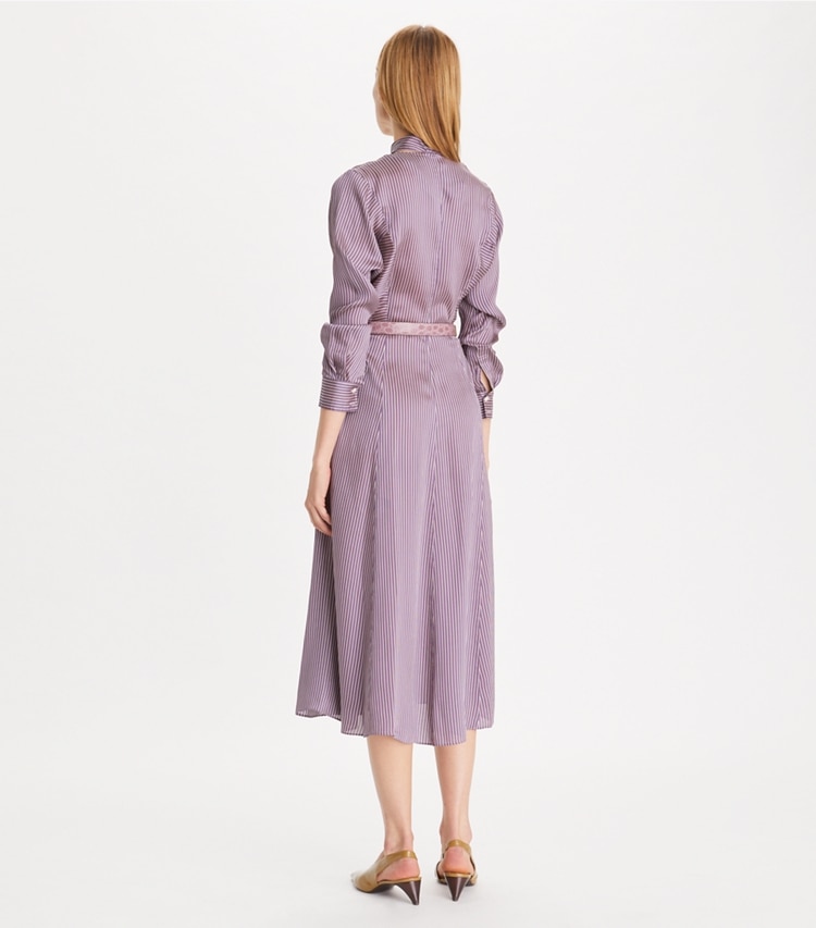 Tory Burch designer dresses Striped Viscose Shirtdress in Purple Candy Stripe on model back
