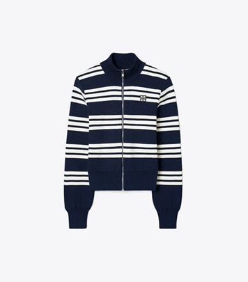 Tory Sport designer jackets Striped Viscose Track Jacket in Tory Navy City Stripe front