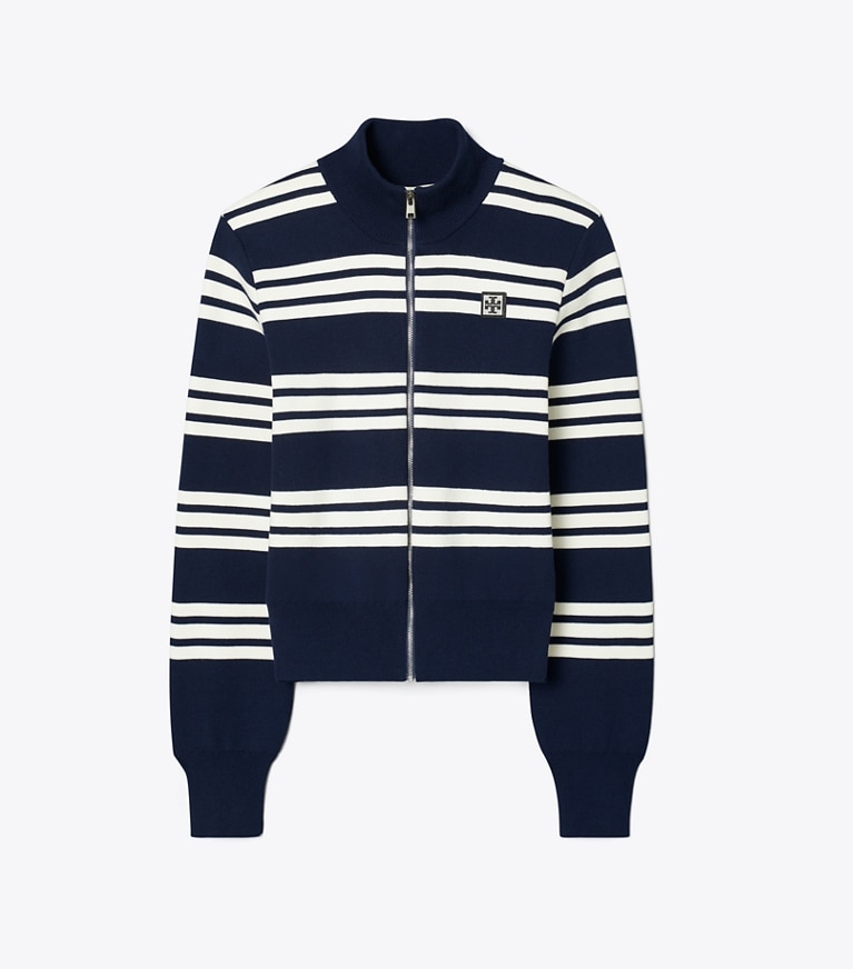 Tory Sport designer jackets Striped Viscose Track Jacket in Tory Navy City Stripe front